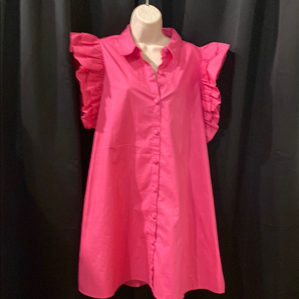 Pink Ruffle Sleeve Shirt Dress